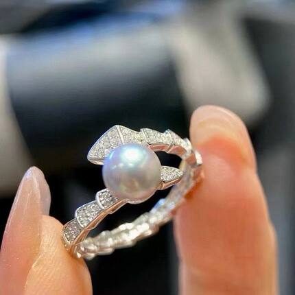 6-7mm正圆微瑕天然海水akoya灰色真多麻珍珠戒指S925通体纯银蛇头