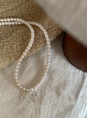 法式复古珍珠蝴蝶结镶钻项链网红