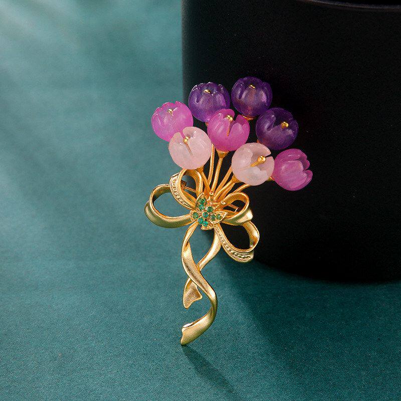 白玉紫玉髓时尚花束胸针手工DIY花朵百搭大衣外套配饰女吊坠别针