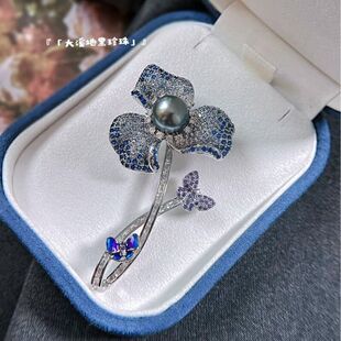 源头厂家批发海水大溪地珍珠玫瑰花胸针高级蓝色西装大衣配饰