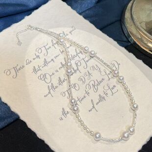 碎银子满天星项链通体S925纯银7-8强光淡水akoya珍珠项链