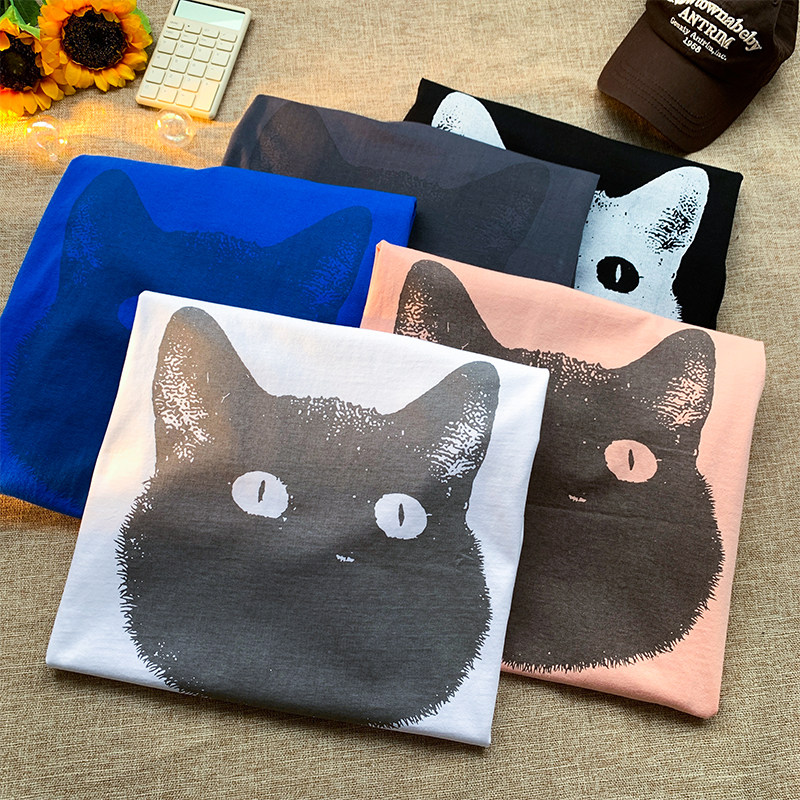 抖音品质260g5色可爱猫咪宽松情侣百搭纯棉短袖T恤213-1-TH10控48,男装T恤,星座213-1