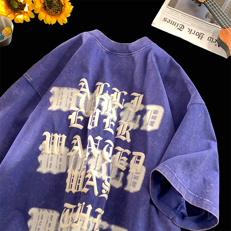 抖音品质蜡染4色发泡字母宽松情侣百搭纯棉短袖T恤213-1-TH07控58图片