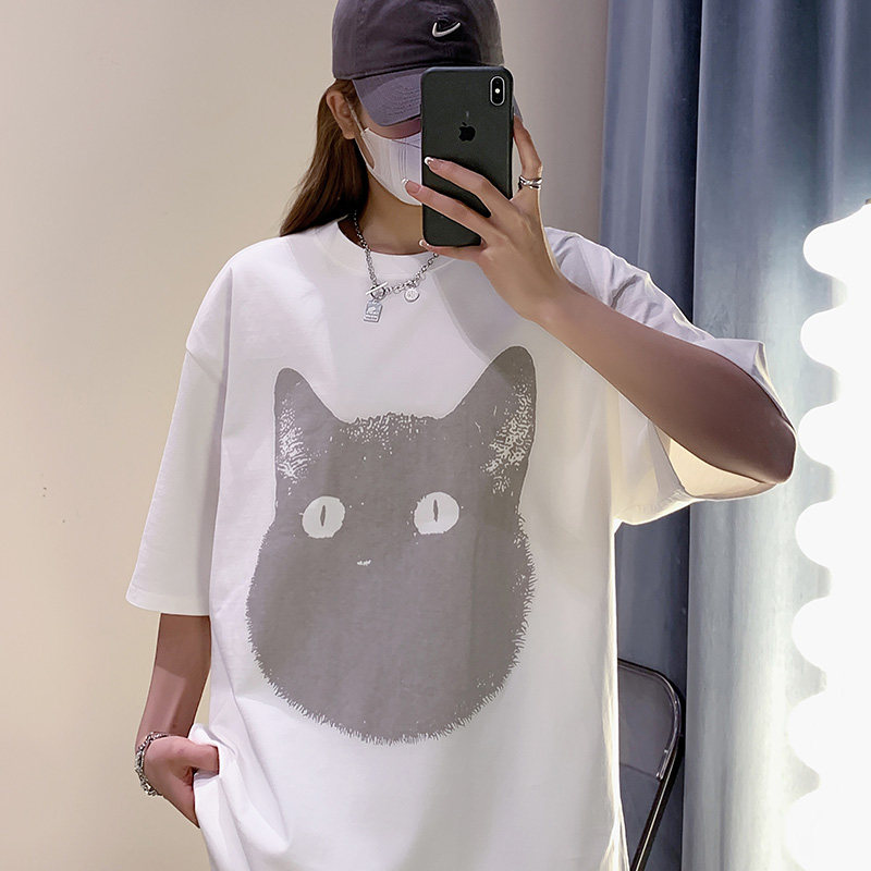 抖音供货260g5色可爱猫咪宽松情侣百搭纯短袖T恤213-1-TH10控48,女装T恤,星座213-1