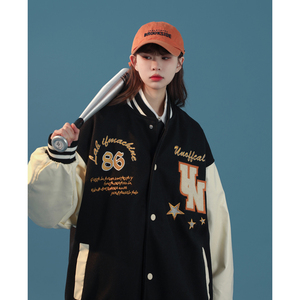 新款宽松高街pu拼接毛巾绣棒球服夹克jk689p125控138 xz213-1图片