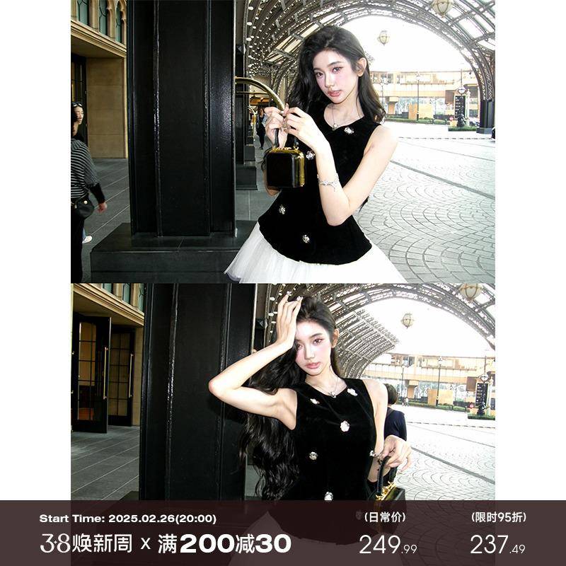 芭比姨公主风丝绒连衣裙女春季新款网纱无袖背心裙立体花朵生日裙