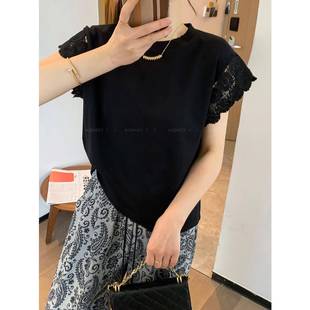 爱情魔鬼鱼 宽松显瘦上衣 黑色圆领蕾丝绣花拼接T恤女2025夏季 新款