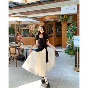 松本喪喪2025新款 流行初夏穿搭蓬蓬裙子綁帶收腰夏日絕美美連衣裙