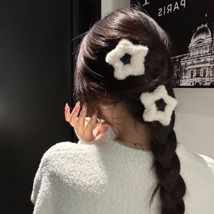 小众ins少女毛茸茸发夹简约星星bb夹秋冬毛绒五角星边夹可爱发饰