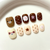 可爱熊双拼手绘卡通波点学生半手工穿戴甲可拆卸短款 夏季 新款 美甲