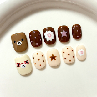 美甲 可爱熊双拼手绘卡通波点学生半手工穿戴甲可拆卸短款 夏季 新款