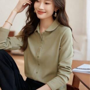 橄榄绿polo领长袖衬衫女高级感百搭双面保暖内搭翻领打底上0201e