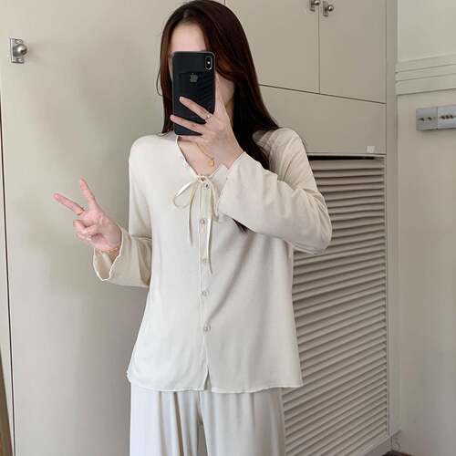 长袖睡衣女秋简约风款春开衫人温柔新中式轻禅意风家居服套0917e