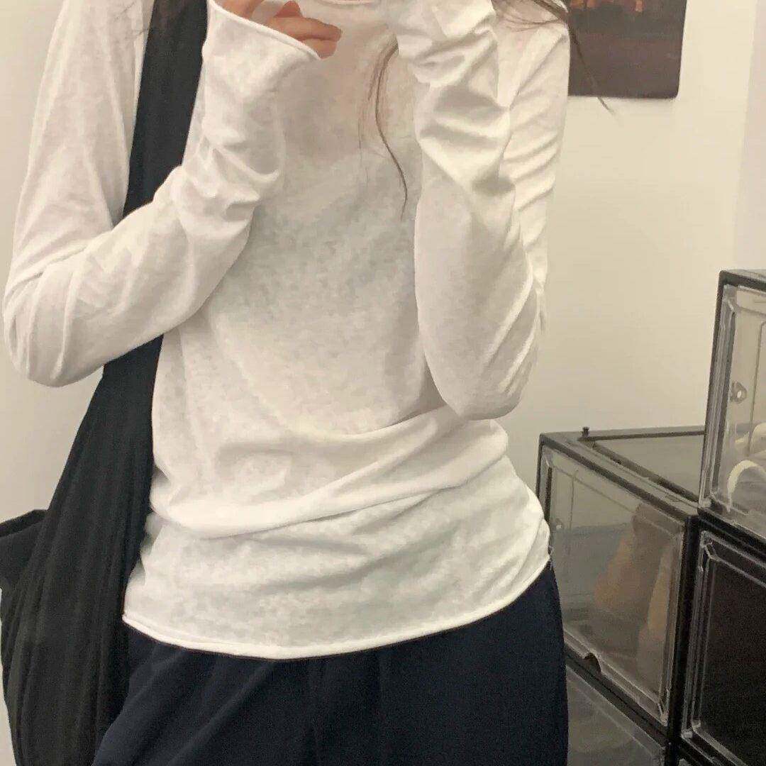 纸片人薄款防晒罩衫女夏chic微透卷边打底上衣气质慵懒长0531r