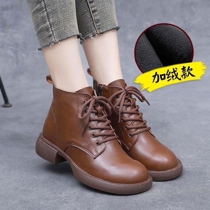 复古马丁靴短靴女秋冬法式靴子防滑加绒妈妈鞋软底休闲女1029h