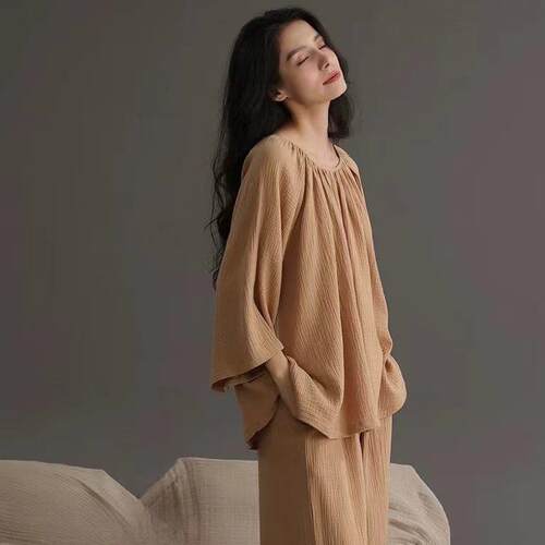 新款睡衣女春秋季纱布圆领套头长袖长裤纯色侘寂风可外穿套1002e