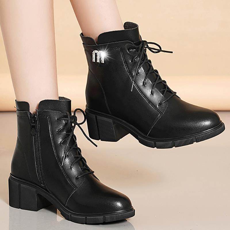 短靴马丁靴加绒中年妈妈鞋女鞋靴子粗跟中老年女靴皮鞋秋冬1029h