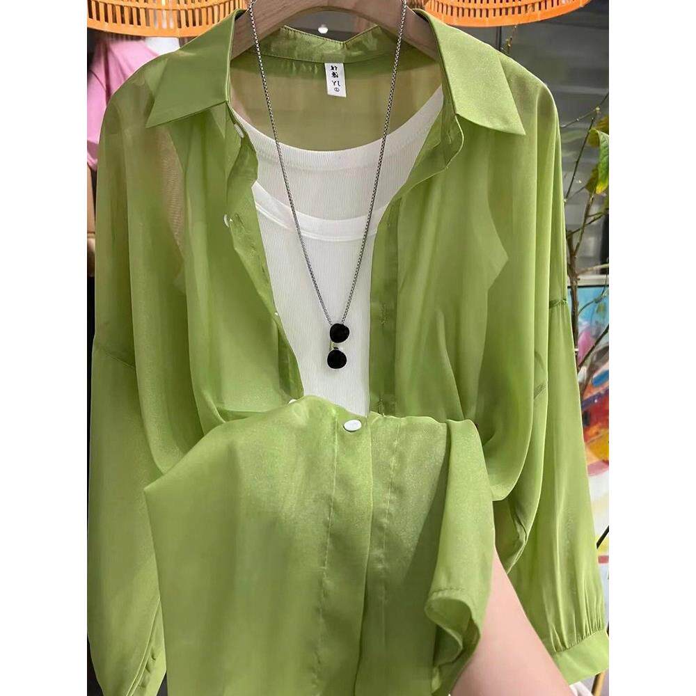 珠光防晒衬衫的妇女夏季光网雪纺空调顶开衫Bf慵懒风格外穿0413r