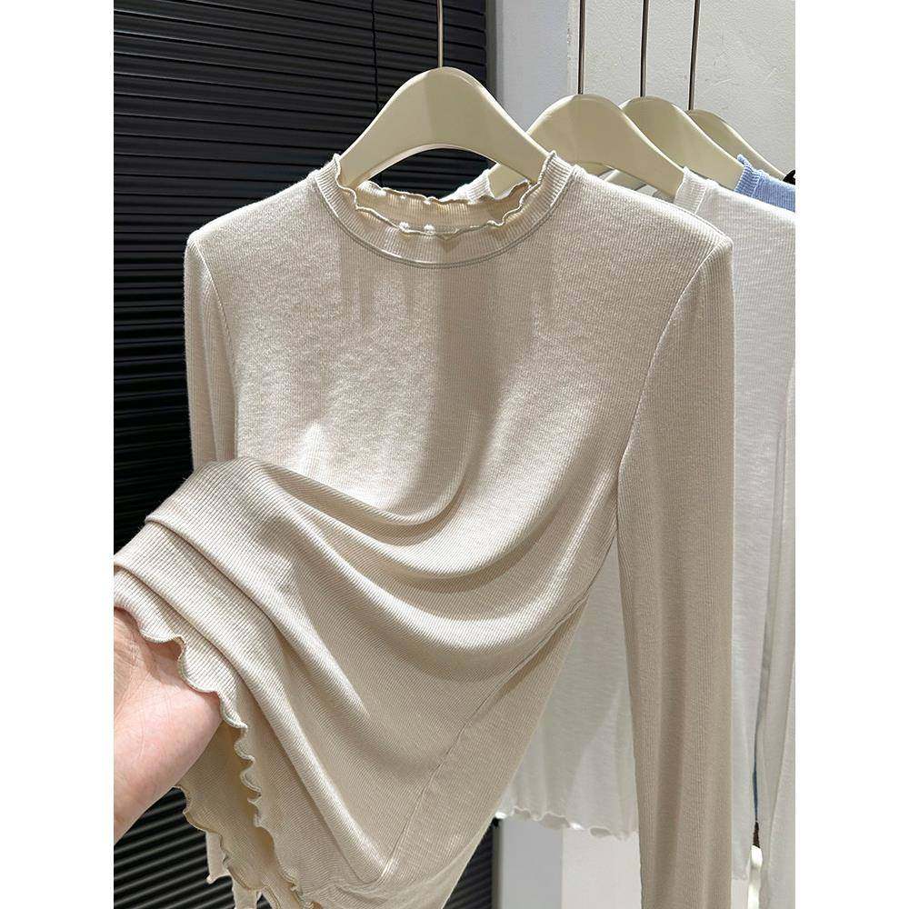 木耳边圆领针织打底衫女春秋季新款内搭t恤高级感薄款长袖上0112h,女装/女士精品,T恤,淘宝优惠券,粉丝福利购,淘宝优惠卷