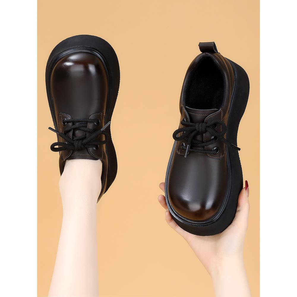 秋冬季厚底乐福鞋女2025新款英伦风亮面厚底系带圆头小皮鞋1113n