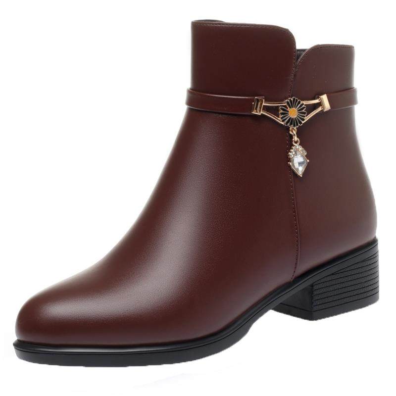 粗跟加绒中年妈妈鞋鞋短靴中老年老人鞋女靴皮鞋女鞋秋1029h