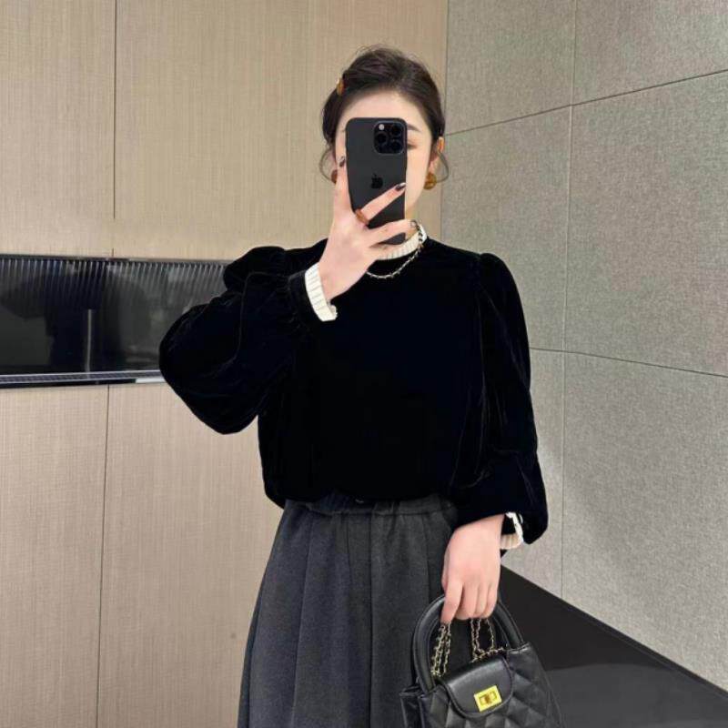 松弛感穿搭秋法式气质木耳边金丝绒衬衫女2026春新款大码胖1012e