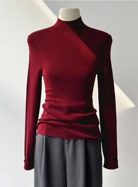 春秋高底红色中低领针织女底衬衫修身高领上衣打底衫0115ud