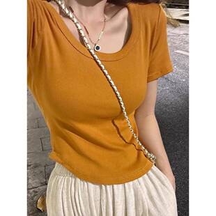 夏季新款修身显瘦美式弧形下摆短袖t恤女小个子短款露锁骨上0224r