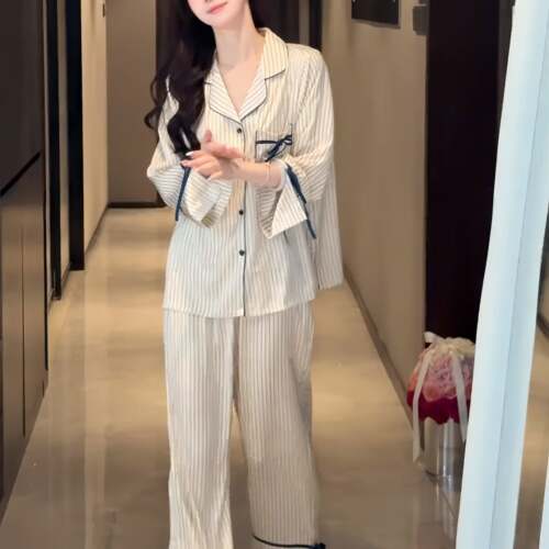 长袖睡衣女秋韩系款2026新款条纹少感家居服套装长裤0917e