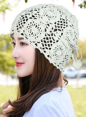 秋式夏空心钩花样包头帽2026新款透气帽蕾丝薄盖白0123k