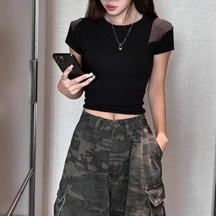 显瘦正肩圆领T恤女辣妹可外穿短款 黑色纯欲风修身 上衣0729d