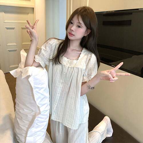 甜美方领条纹睡衣女款夏季新款简约短袖长裤两件套家居0529e