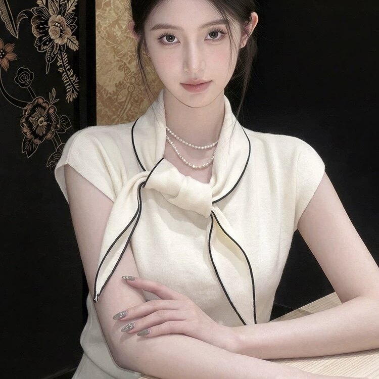 高端小资上衣法式2026夏季新款轻熟优雅风围巾领飘带T恤女短0331r图片