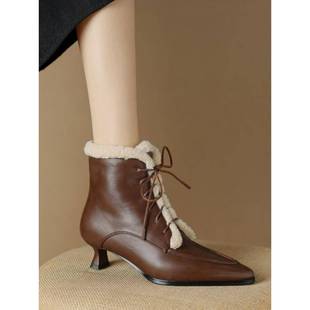 尖头英伦短靴女式 丝绒加厚靴系带马丁靴女式 1223n 2025新款 秋冬季