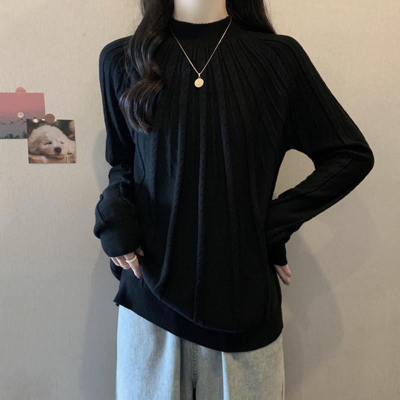 胖mm半高领长袖针织衫毛衣女打底秋大码宽松显瘦遮肚子上衣0928e