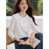 洋气百搭气质减龄长袖 t恤上衣春秋圆领白色设计感小众打底衫 0201e