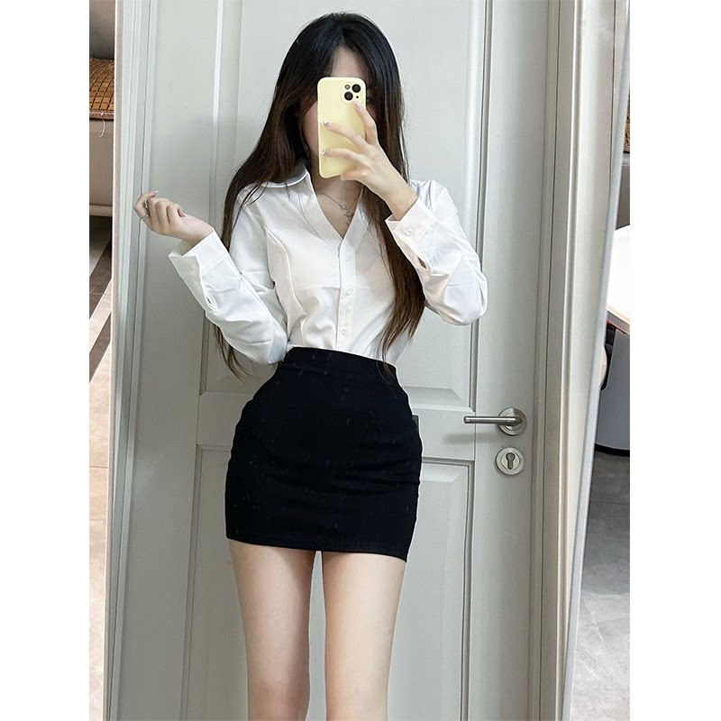 内搭高级感性感长袖修身收腰白色衬衫女秋冬纯欲秘书OL制服1024e