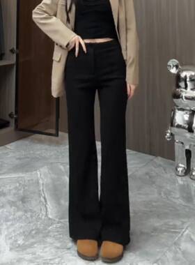 秋冬黑色加绒不贴腿微喇西装裤女高腰胖大码显瘦窄版直筒喇1208u