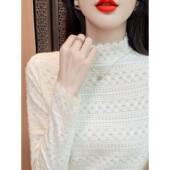 新款 高级感磨毛蕾丝打底衫 女春秋季 高领毛衣内搭网纱上衣0201e