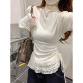 抽绳上衣女高领叠穿内搭长袖 春季 蕾丝t恤绝美木耳边蕾打底衫 0205k