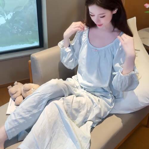 长袖睡衣女秋双层纱波点款2026新款公主风长裤家居服套装纯0917e