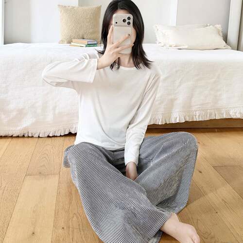 长袖睡衣女秋简约风款春圆领撞色白色家居服套装薄款两件套0917e