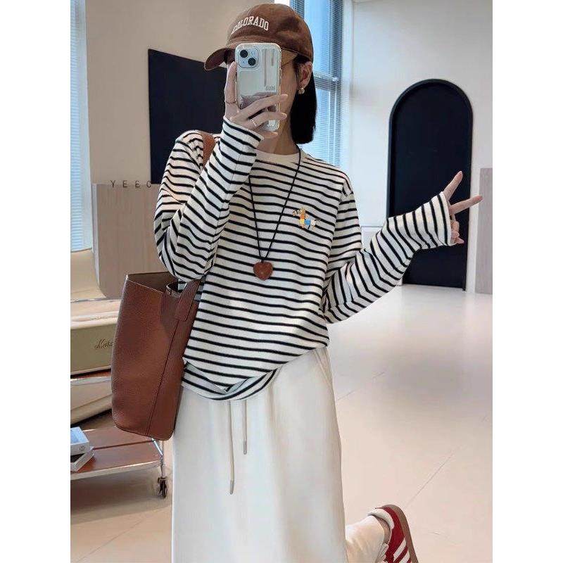 撞色条纹圆领长袖T恤女春装2026新款洋气印花正肩内搭打底衫0124e,女装/女士精品,T恤,淘宝优惠券,粉丝福利购,淘宝优惠卷