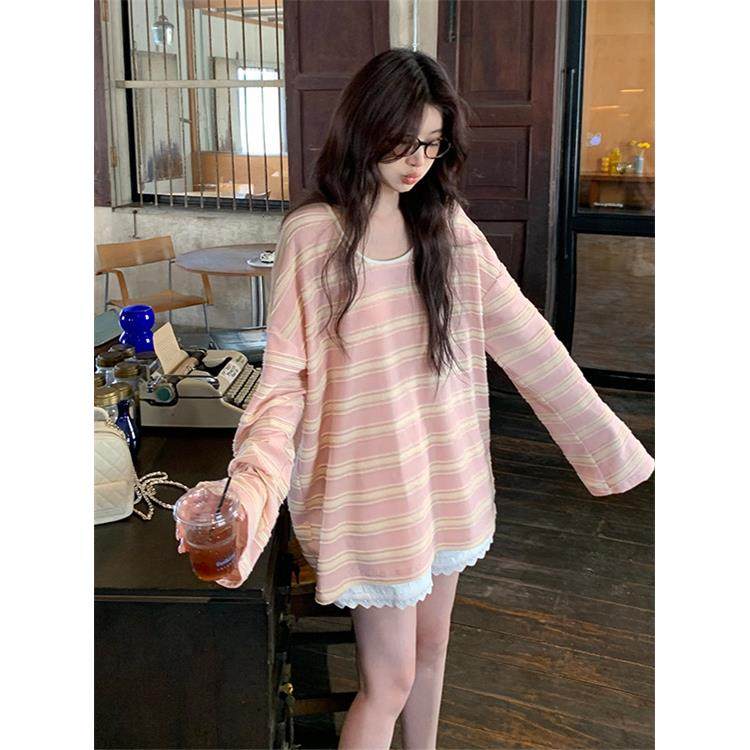 2026新款韩系条纹罩衫松弛感t恤女慵懒撞色宽松休闲长袖百搭0124e,女装/女士精品,毛针织衫,淘宝优惠券,粉丝福利购,淘宝优惠卷