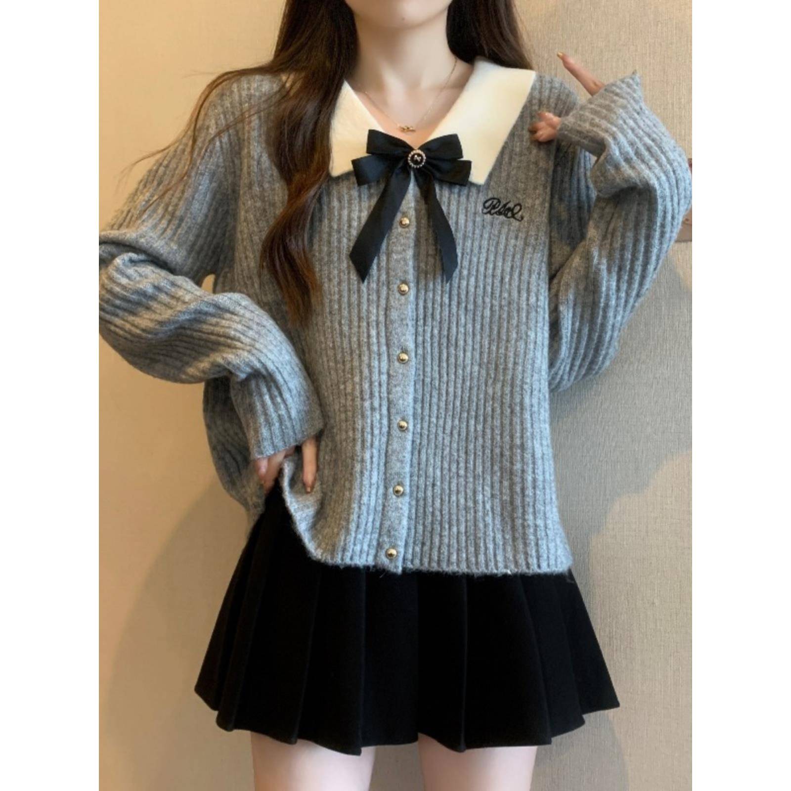 大码蝴蝶结长袖针织开衫女秋冬灰色毛衣外套微胖mm气质上衣0928e