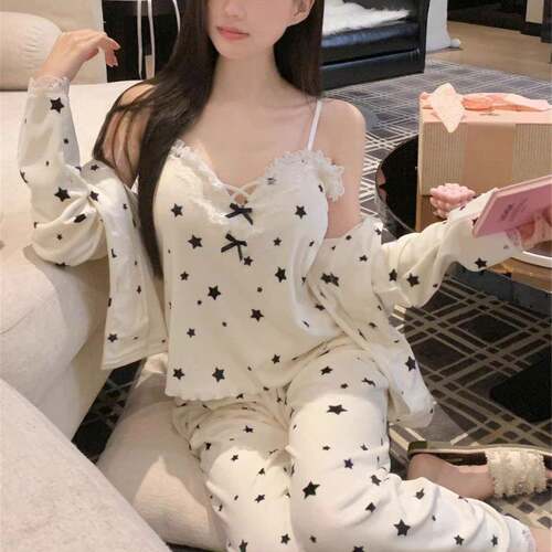 长袖睡衣女秋双面绒海岛绒三件套冬星星印花吊带家居服三件0917e