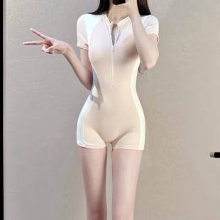 短袖 拉链拼色简约连身游泳衣女平角保守显瘦浮潜冲浪度假温0319r