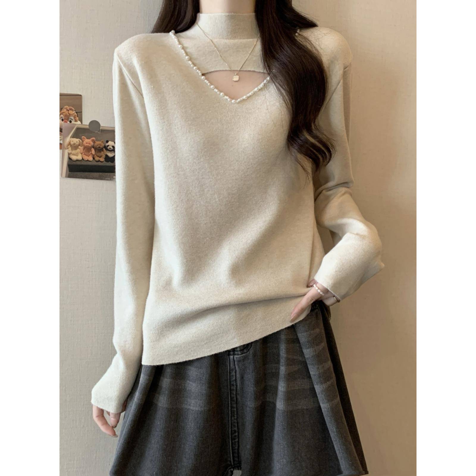 秋冬女式加码剪裁高领针织内搭衬衫设计感和减龄长袖内衫1126u