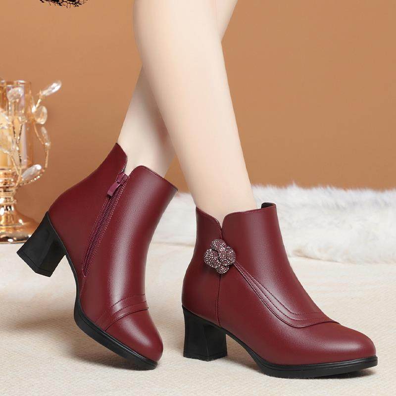 短靴女2025新款婚礼妈妈鞋秋冬款红色靴子加绒皮鞋喜婆婆婚1029h