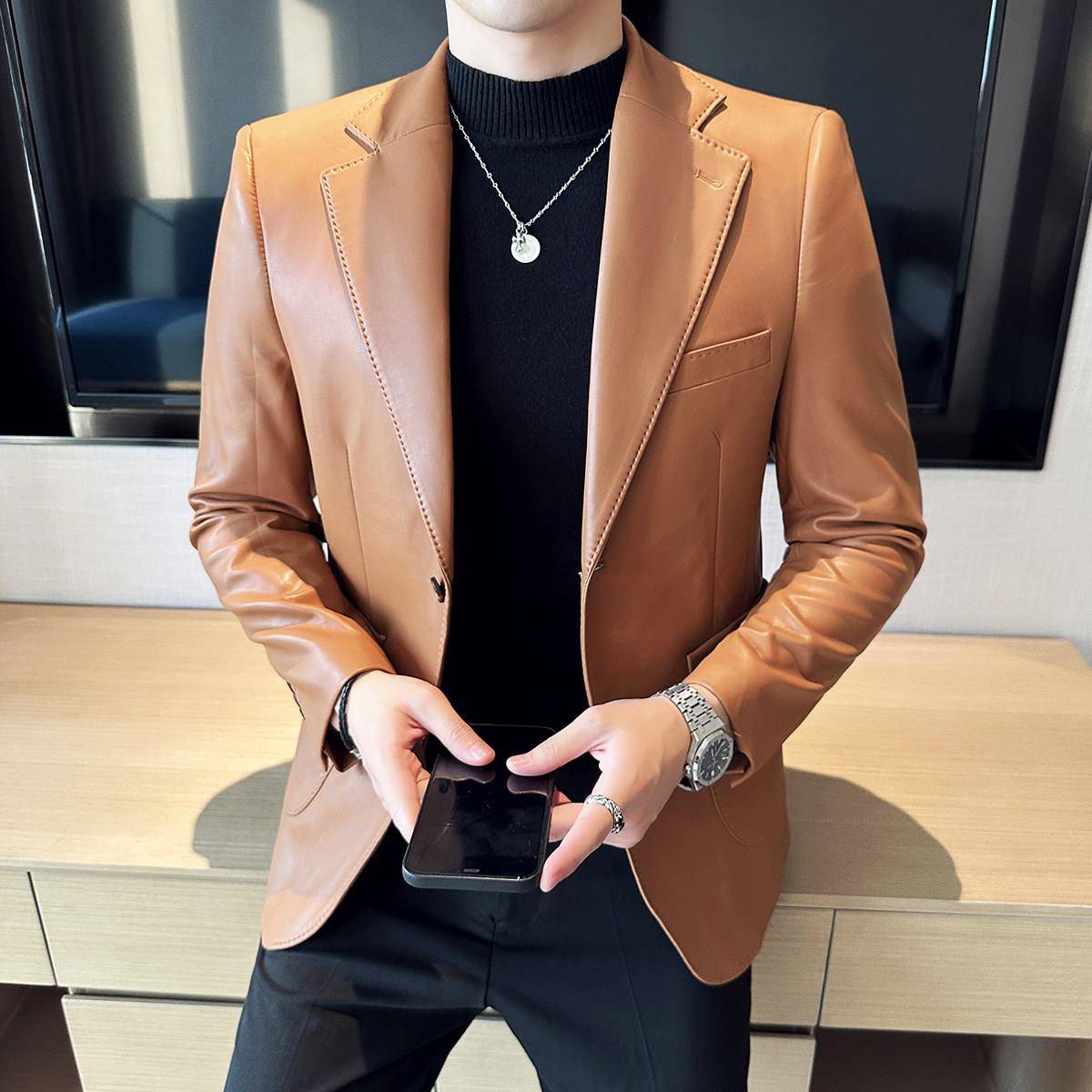 皮衣西装外套男秋新款高级感韩版修身帅气商务休闲百搭西服0902r